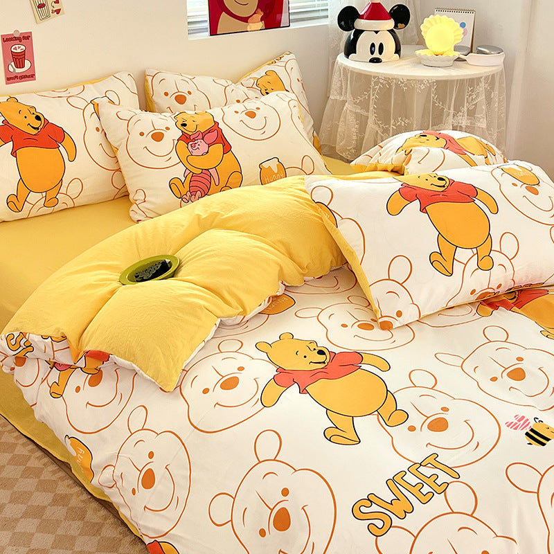ins naughty Mickey cartoon cute washed cotton spring four-piece bed sheet quilt cover dormitory bedding three-piece set four-piece