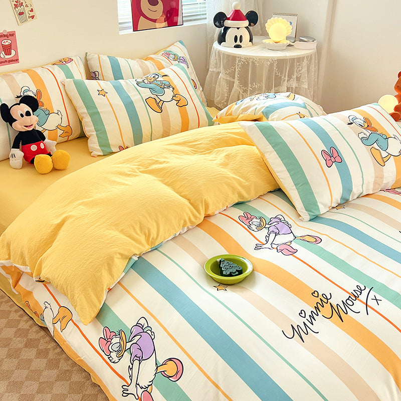 ins naughty Mickey cartoon cute washed cotton spring four-piece bed sheet quilt cover dormitory bedding three-piece set four-piece