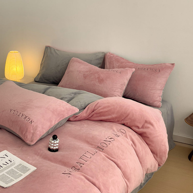 Winter Thick Coral Fleece Quilt Cover Double-sided With Velvet Flannel Bed Sheet Four-piece Set