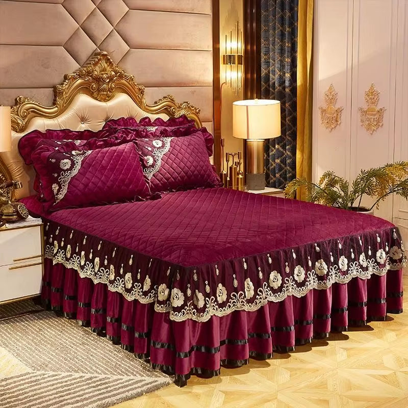 Heavyweight Velvet Duvet Cover Set Soft Warm Luxury Plush Shaggy Lace Bedding Set Quilted Bedskirt Bedspread Pillowcases 4/6Pcs