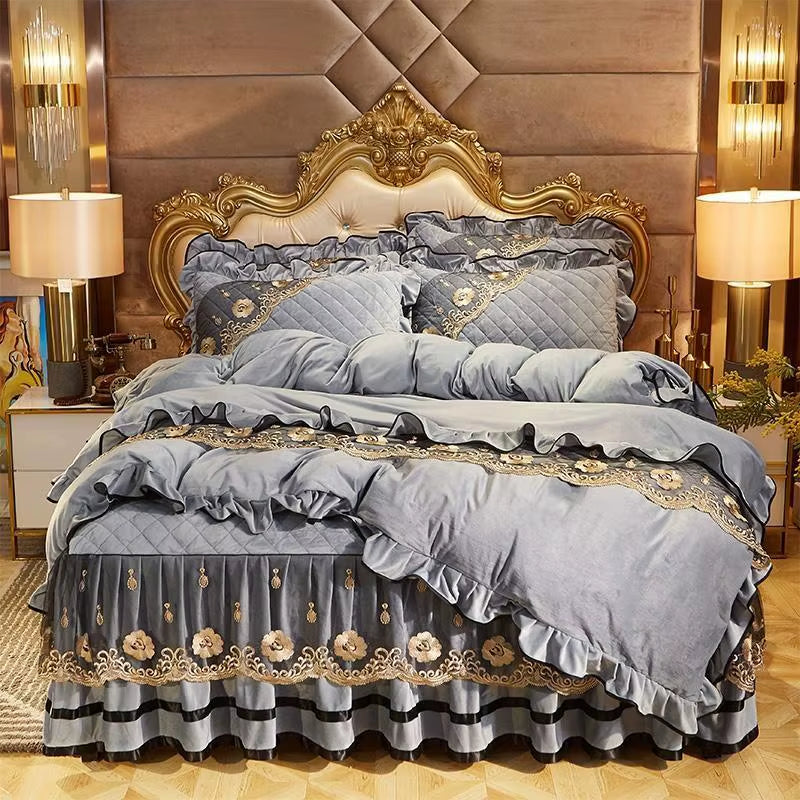 Heavyweight Velvet Duvet Cover Set Soft Warm Luxury Plush Shaggy Lace Bedding Set Quilted Bedskirt Bedspread Pillowcases 4/6Pcs