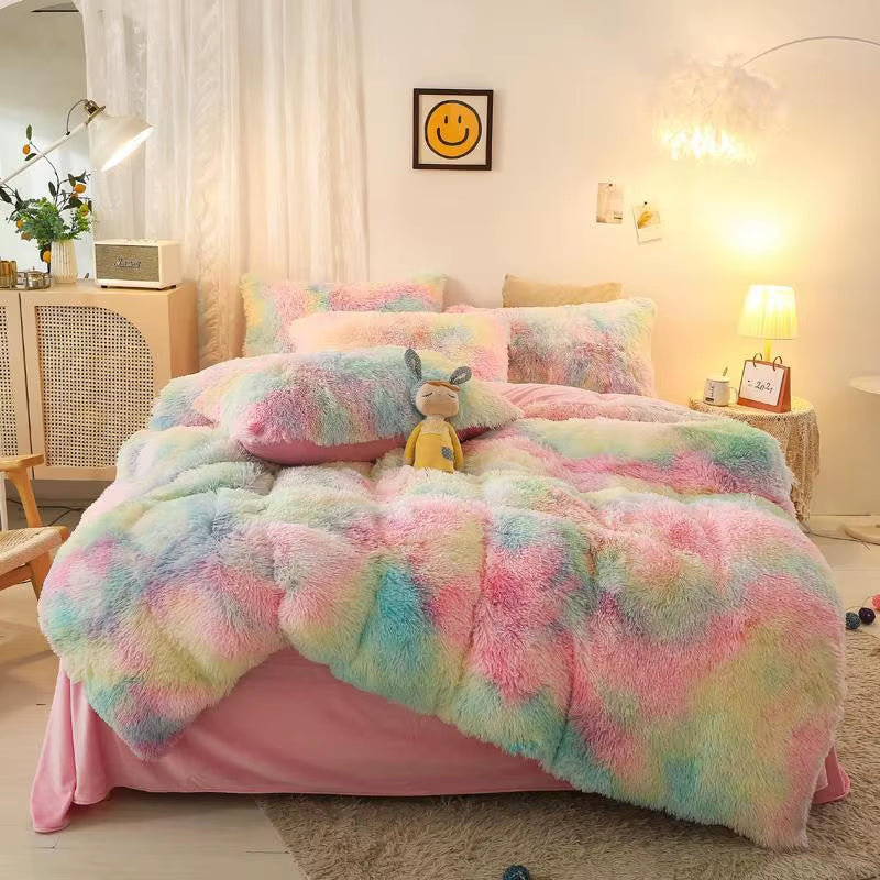 Gradient Color Plush Shaggy Ultra Soft Bedding Sets 4Pcs Twin Double Queen King(1Faux Fur Duvet Cover +1Bed Sheet+2Pillowcases)