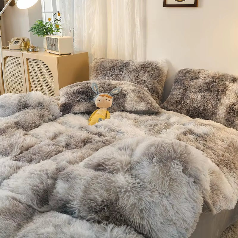 Gradient Color Plush Shaggy Ultra Soft Bedding Sets 4Pcs Twin Double Queen King(1Faux Fur Duvet Cover +1Bed Sheet+2Pillowcases)