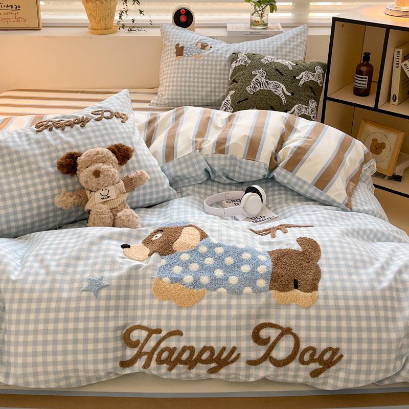 Cotton Towel Embroidery Four-piece Set Bed Sheet Fitted Sheet Thickened