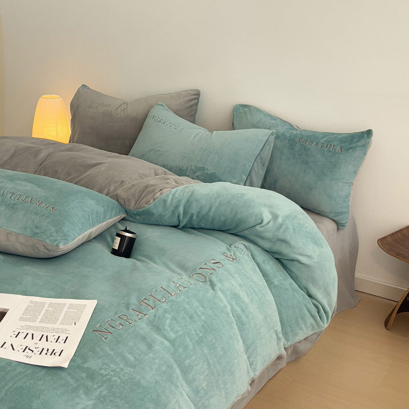 Winter Thick Coral Fleece Quilt Cover Double-sided With Velvet Flannel Bed Sheet Four-piece Set
