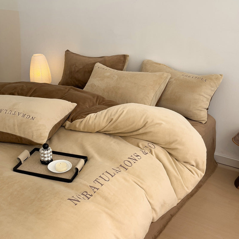 Winter Thick Coral Fleece Quilt Cover Double-sided With Velvet Flannel Bed Sheet Four-piece Set