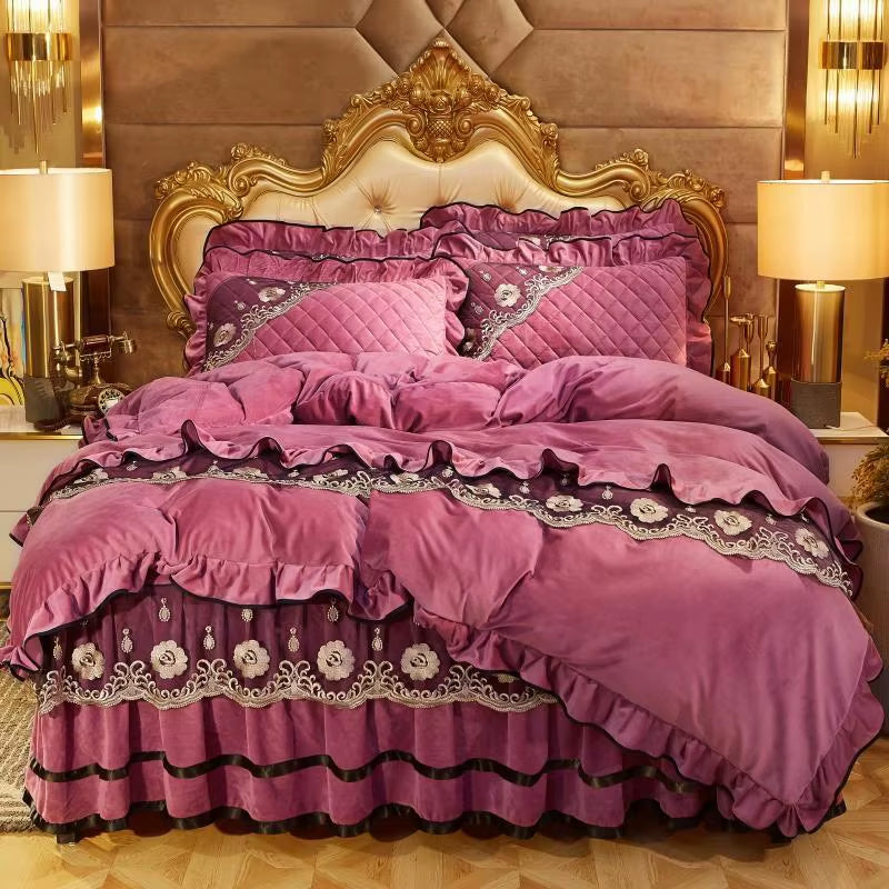Heavyweight Velvet Duvet Cover Set Soft Warm Luxury Plush Shaggy Lace Bedding Set Quilted Bedskirt Bedspread Pillowcases 4/6Pcs