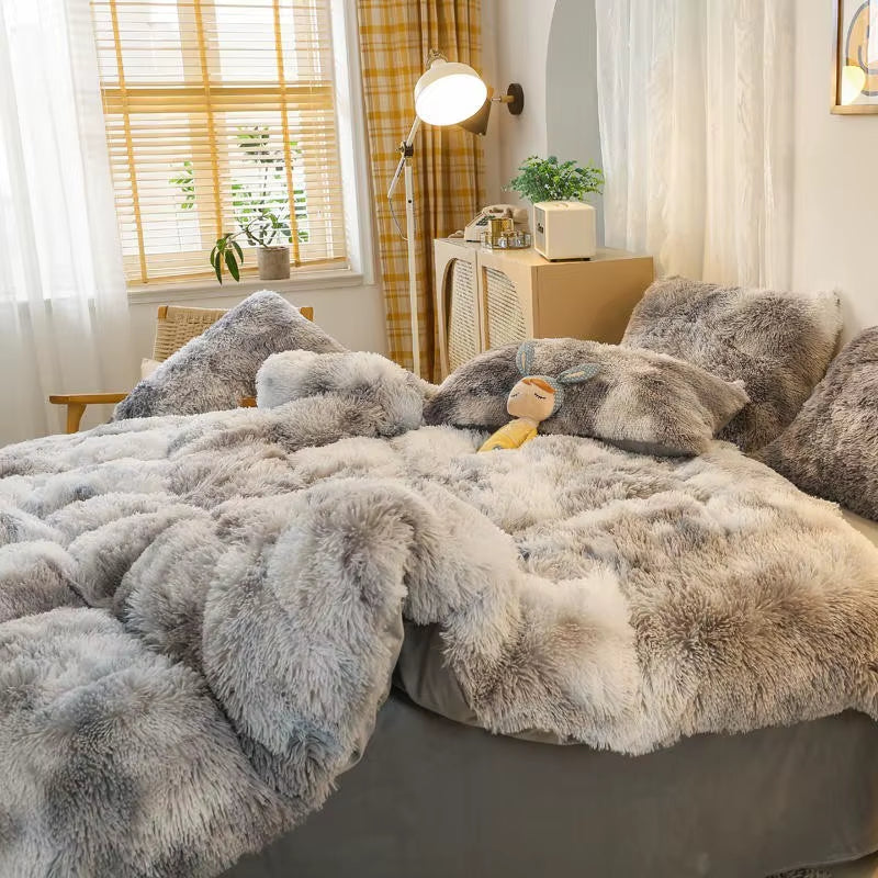 Gradient Color Plush Shaggy Ultra Soft Bedding Sets 4Pcs Twin Double Queen King(1Faux Fur Duvet Cover +1Bed Sheet+2Pillowcases)