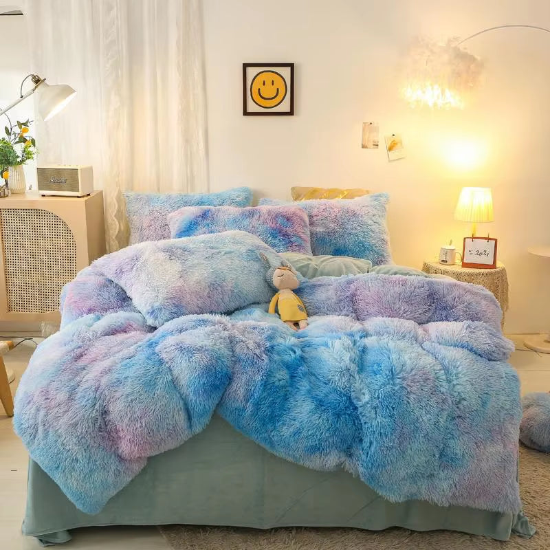 Gradient Color Plush Shaggy Ultra Soft Bedding Sets 4Pcs Twin Double Queen King(1Faux Fur Duvet Cover +1Bed Sheet+2Pillowcases)