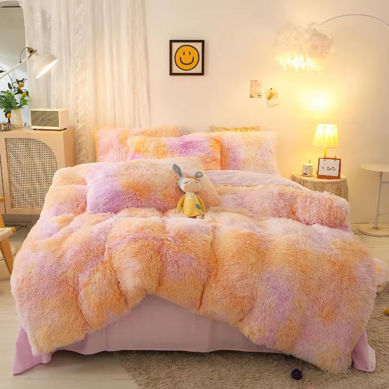 Gradient Color Plush Shaggy Ultra Soft Bedding Sets 4Pcs Twin Double Queen King(1Faux Fur Duvet Cover +1Bed Sheet+2Pillowcases)